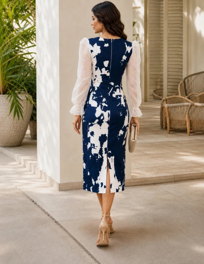 Women Bodycon White, Dark blue mid/calf Length dress