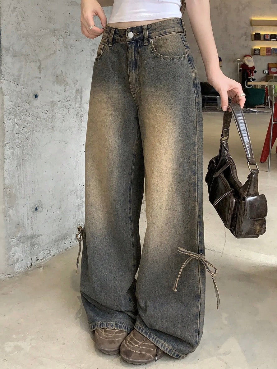 High Waist Dark Dirty Wash bow wide leg jeans
