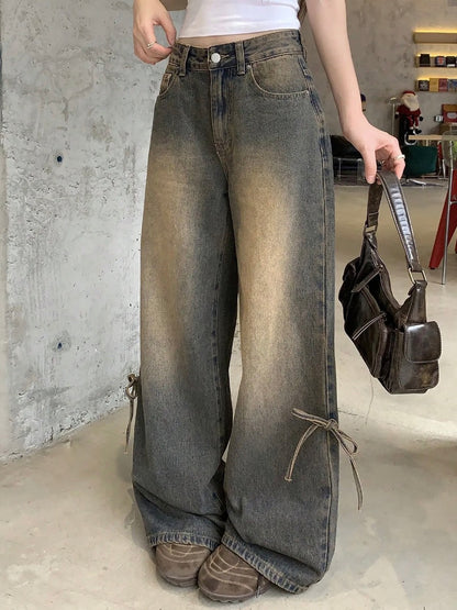 High Waist Dark Dirty Wash bow wide leg jeans