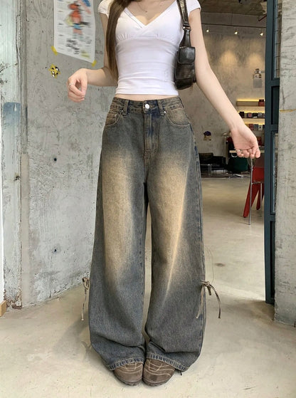 High Waist Dark Dirty Wash bow wide leg jeans