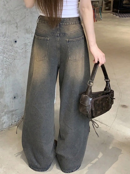 High Waist Dark Dirty Wash bow wide leg jeans