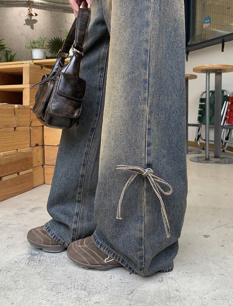 High Waist Dark Dirty Wash bow wide leg jeans