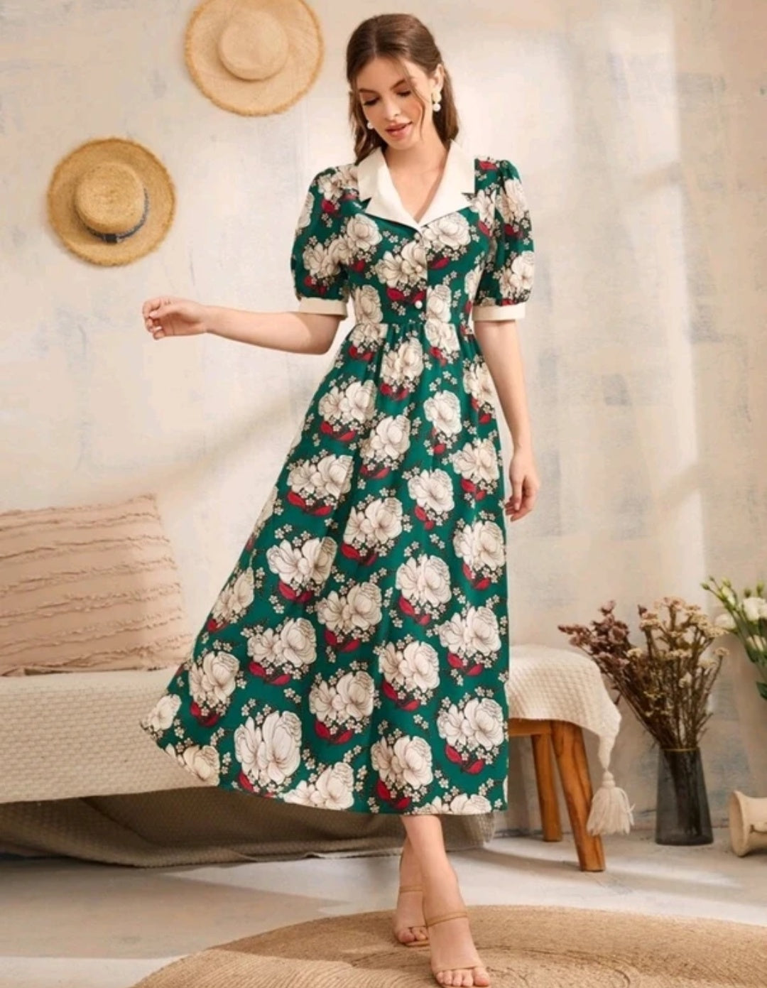 Women Fit and Flare Green, Beige Maxi/Full Length Dress