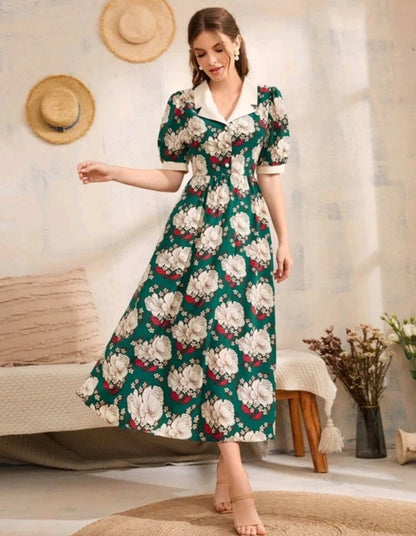 Women Fit and Flare Green, Beige Maxi/Full Length Dress
