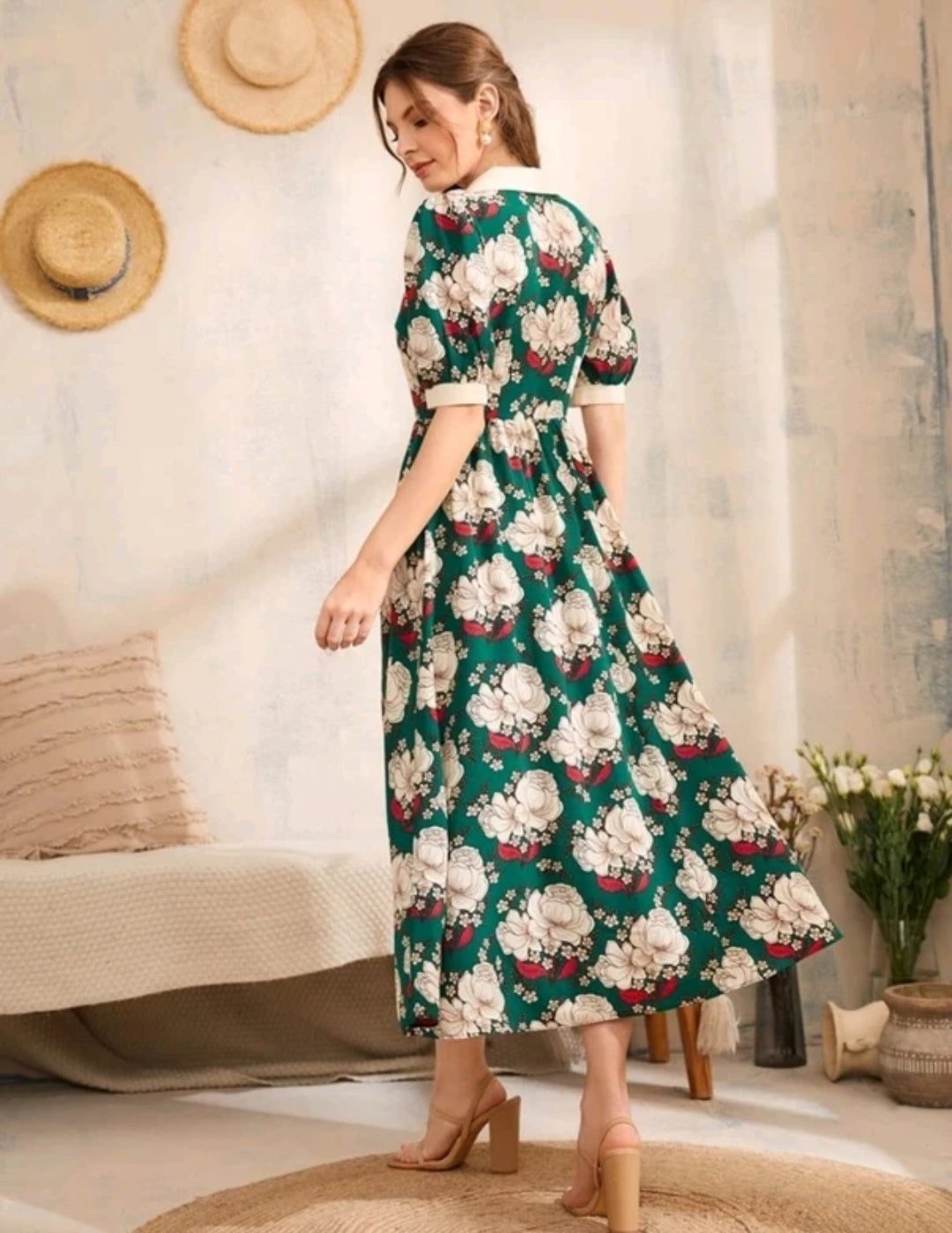 Women Fit and Flare Green, Beige Maxi/Full Length Dress
