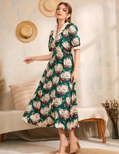 Women Fit and Flare Green, Beige Maxi/Full Length Dress
