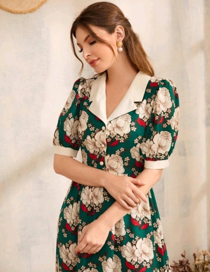 Women Fit and Flare Green, Beige Maxi/Full Length Dress